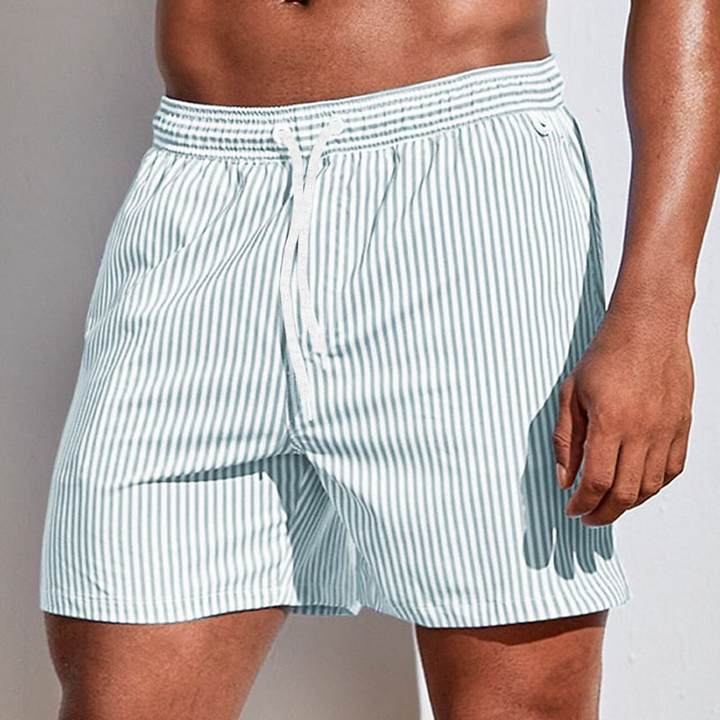 Blue striped men's swimwear, quick-dry beach shorts with adjustable drawstring.