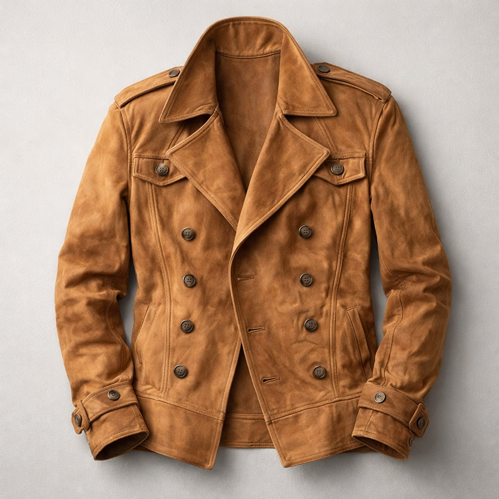 Men's structured double-breasted coat in a classic style, perfect for sophisticated all-season layering.