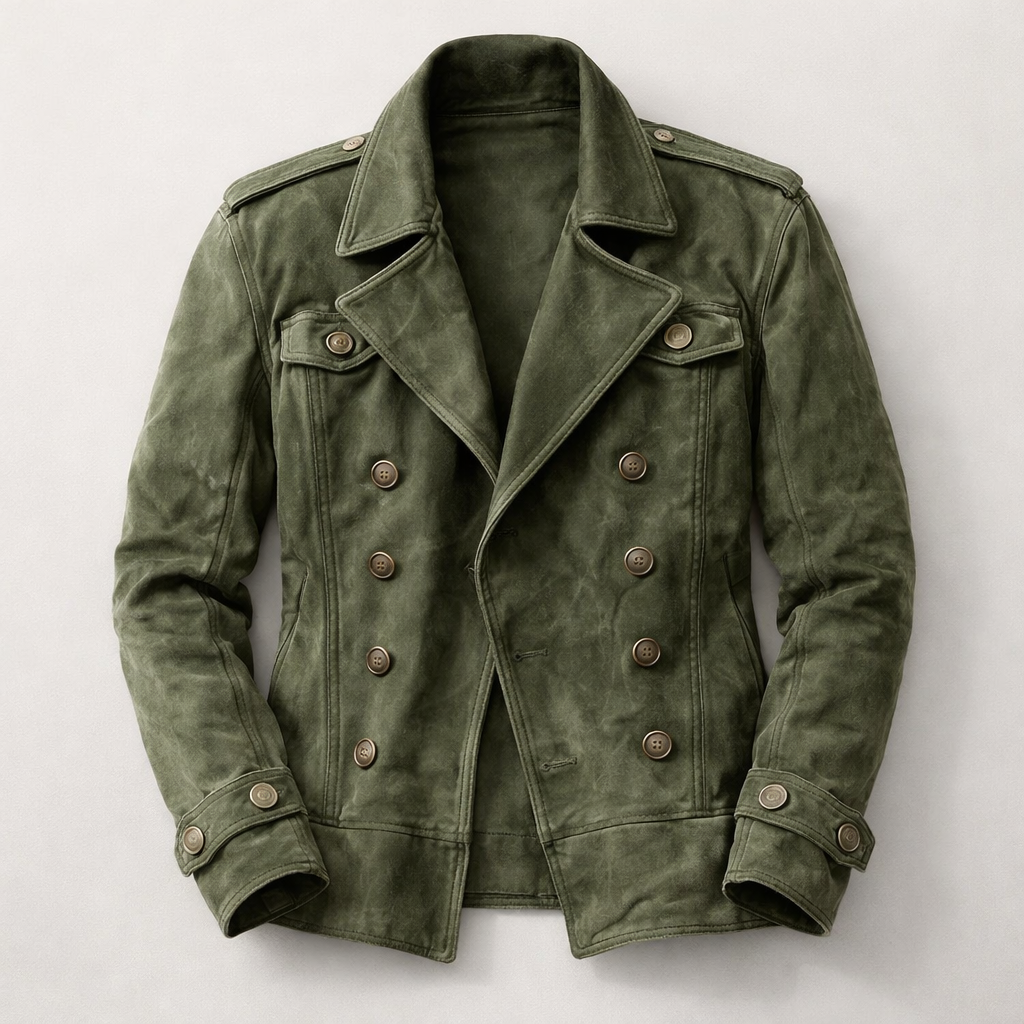 Dark blue men's structured double-breasted jacket. Sophisticated outerwear for versatile, all-season wear.