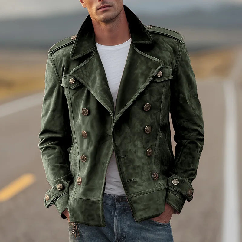 Sophisticated men's structured double-breasted coat. Classic style outerwear jacket for all-season fashion.