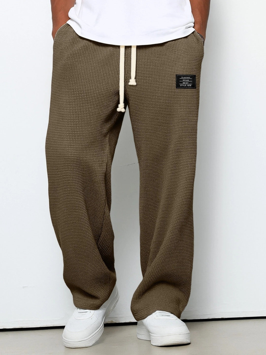 Lower leg detail of Stuart men's wide leg chino pants, designed for a loose, comfortable & relaxed fit.