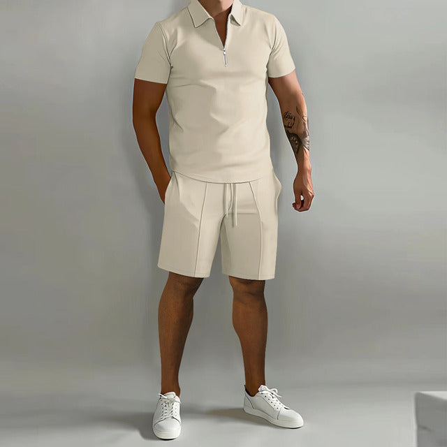 Men's stylish 2-piece zip polo shirt & drawstring shorts set in summer fashion.