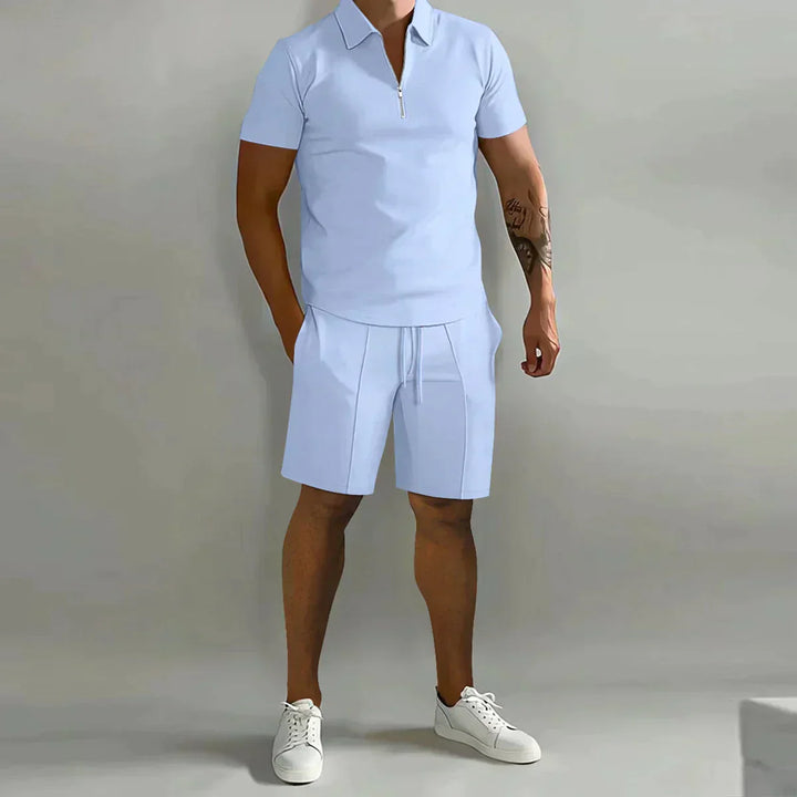 Comfortable men's summer 2-piece set with ribbed zip polo shirt & drawstring shorts.
