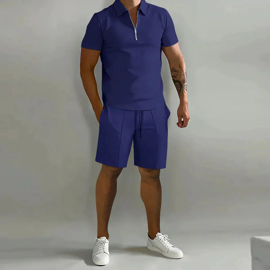 Men's casual summer outfit set: short-sleeve zip polo and matching drawstring shorts.