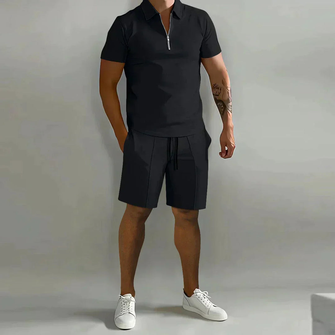 Complete men's summer outfit: short-sleeve zip polo shirt & drawstring shorts set for casual style.