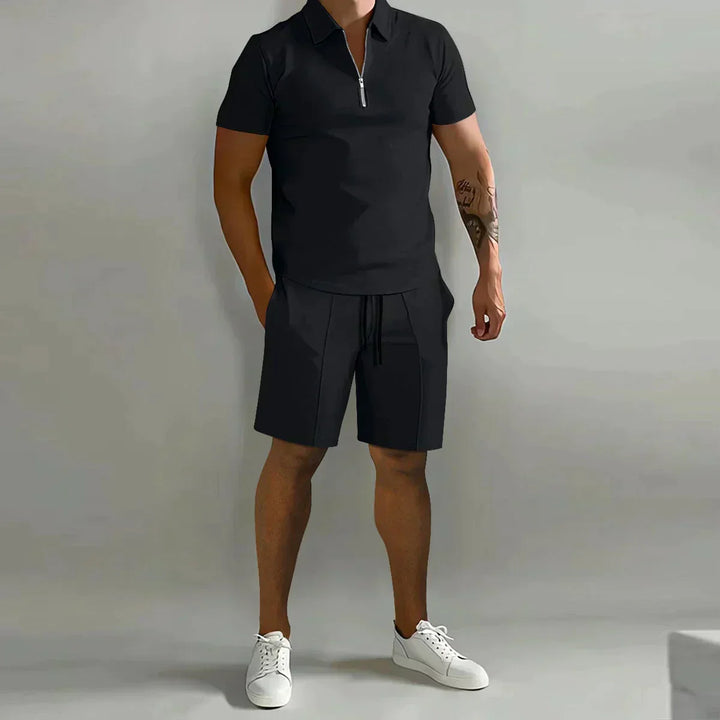Complete men's summer outfit: short-sleeve zip polo shirt & drawstring shorts set for casual style.