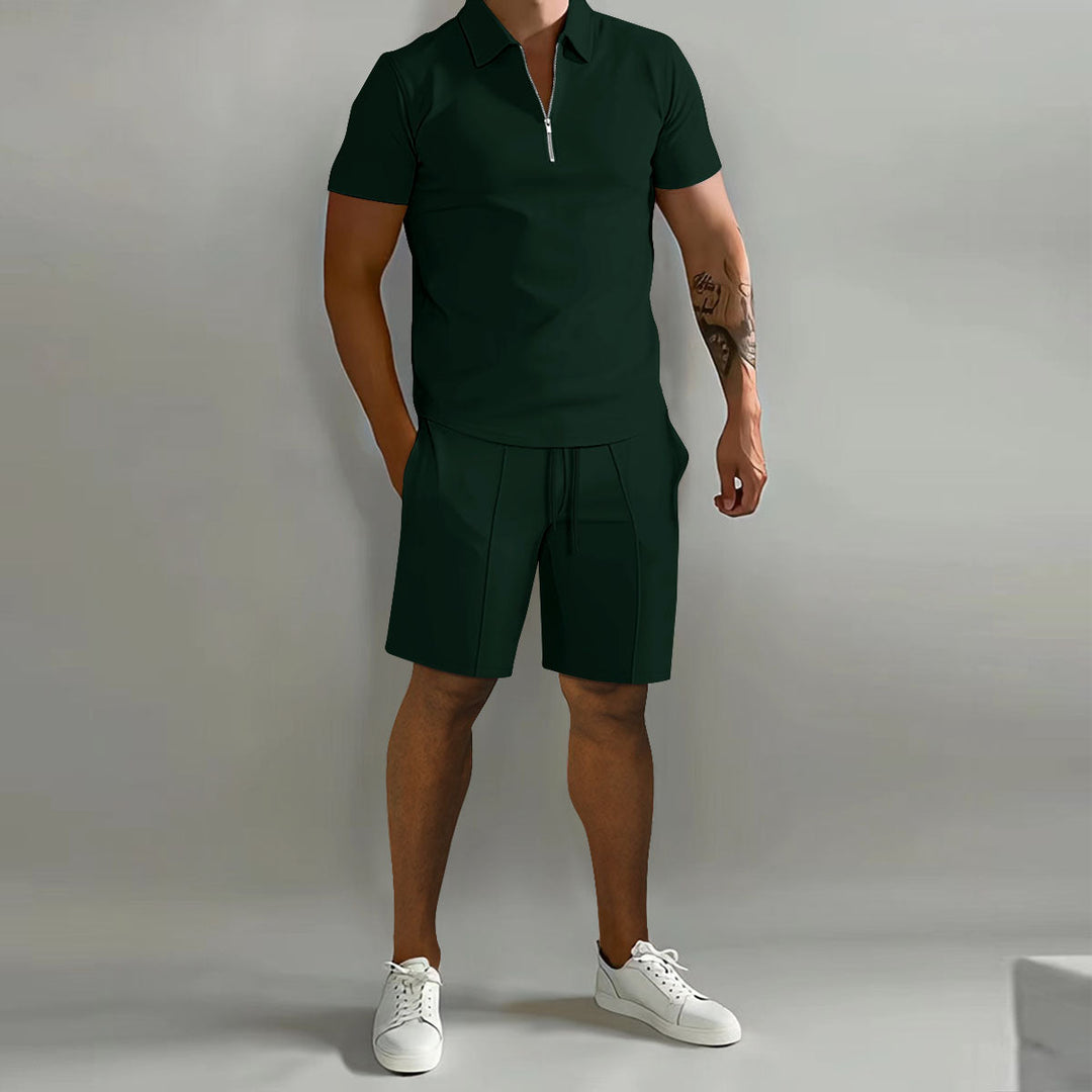Trendy men's summer fashion: 2-piece set with a zip polo shirt and comfortable drawstring shorts.