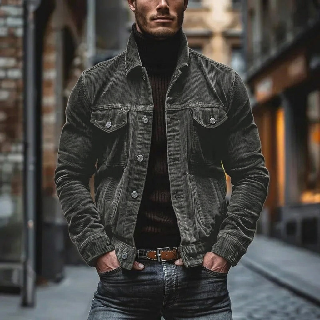 Elegant men's striped jacket for autumn-winter, featuring a classic turn-down collar, versatile for layering.
