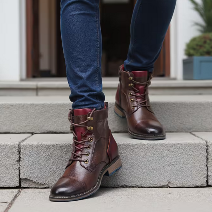 Men's stylish brown lace-up cap toe ankle boots, perfect for casual or dress wear.