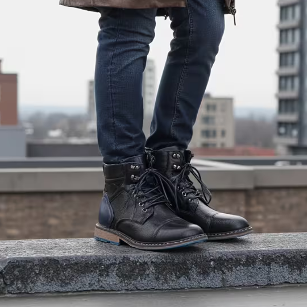 Black men's fashion ankle boots with lace-up front, cap toe design, and sleek finish.
