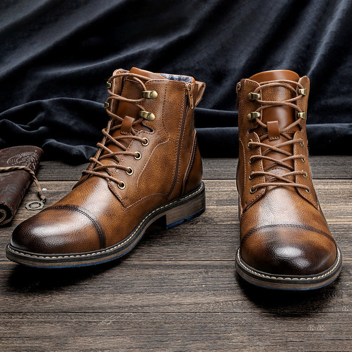 Full view of men's versatile black lace-up cap toe ankle boots, suitable for dressy or casual.
