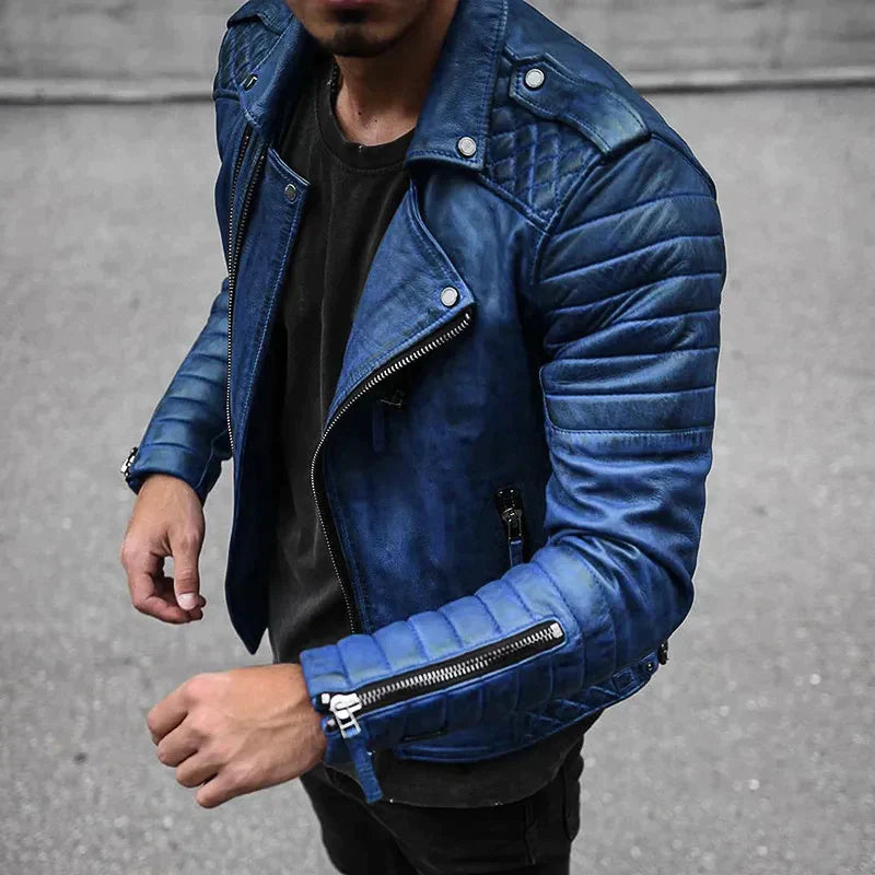 Red men's stylish moto zip-up jacket, a bold biker style fashion outerwear piece