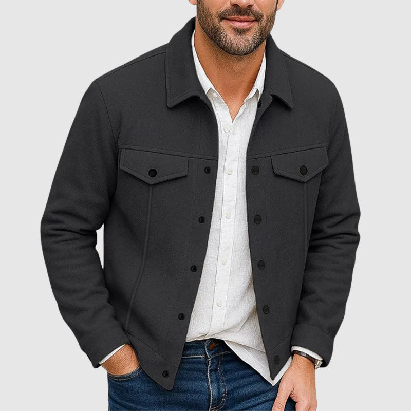 Men's stylish button-down shirt jacket in a casual setting, perfect for everyday outerwear.