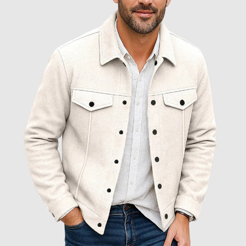 Versatile men's long sleeve shirt jacket, ideal for spring & fall fashion, featuring a button-down front.