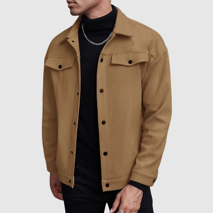 Full shot of a model showcasing a men's stylish button-down jacket, suitable for versatile casual wear.