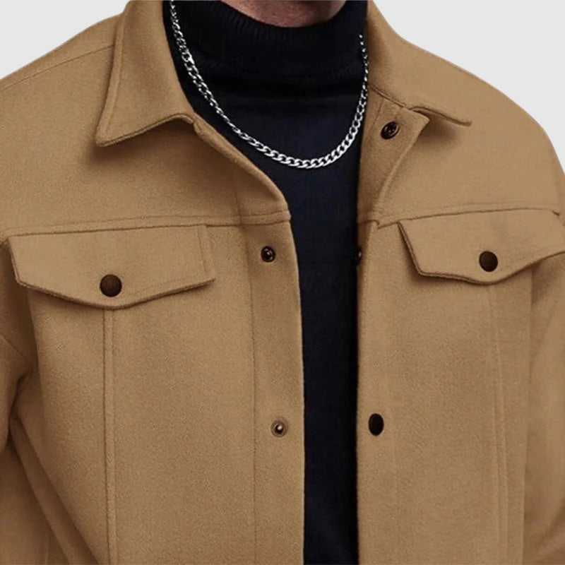 Comfortable men's outerwear, a long sleeve button-down shirt jacket, great for casual spring fashion.