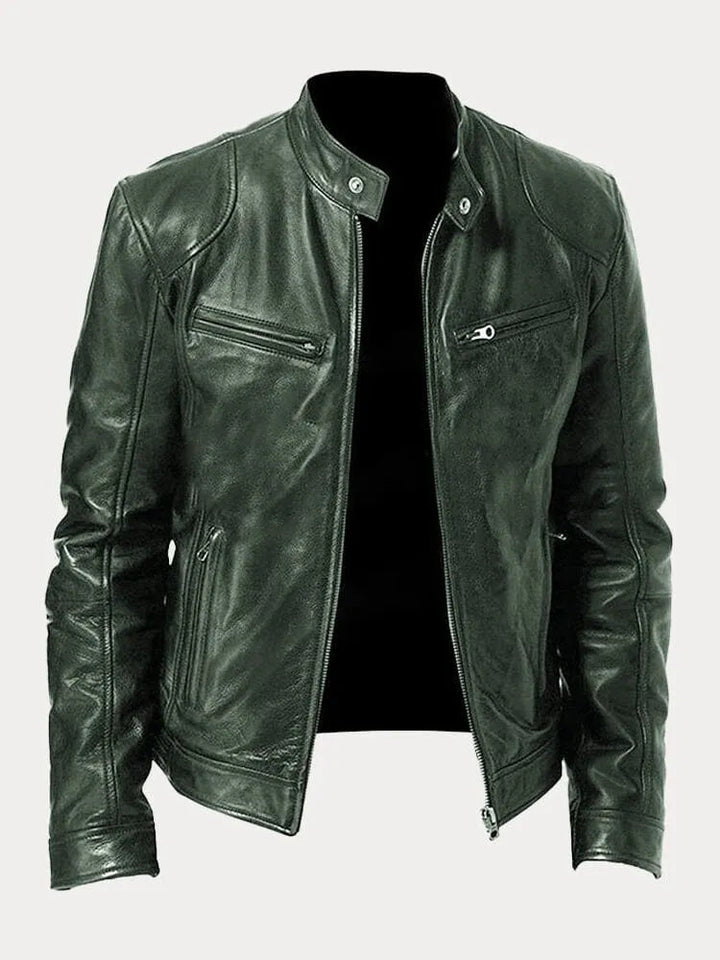 Fashionable men's zip-up jacket in olive green, a great choice for casual outerwear in spring.