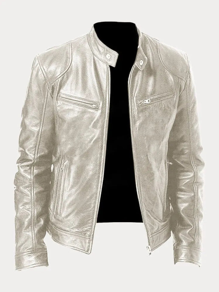 Back view of a man wearing a black stylish zip-up jacket, emphasizing casual outerwear design.