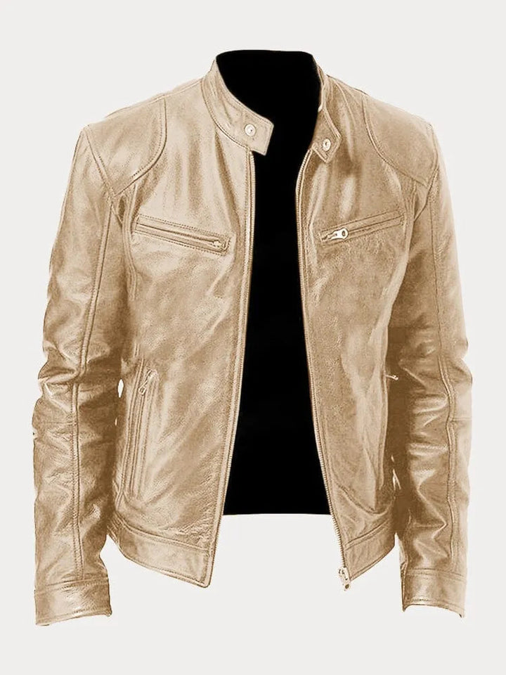 Front view of a men's casual zip-up jacket with pockets, suitable for everyday and fall fashion.