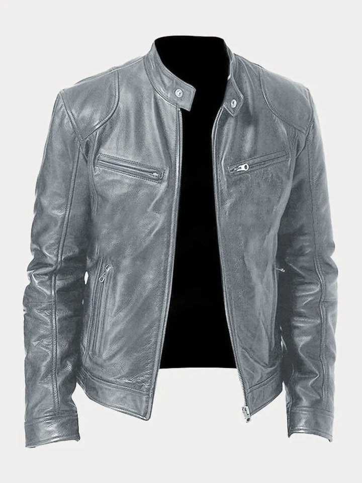 Detail of the zipper and collar on a men's stylish casual jacket, perfect for spring outerwear.