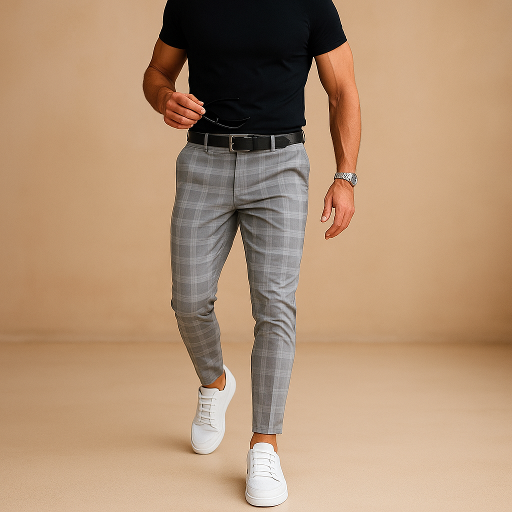 Men's stylish checkered casual pants, perfect for modern menswear and smart casual outfits.