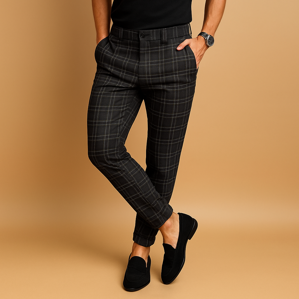 Comfortable men's checkered casual trousers, ideal for everyday wear & versatile smart-casual styling.