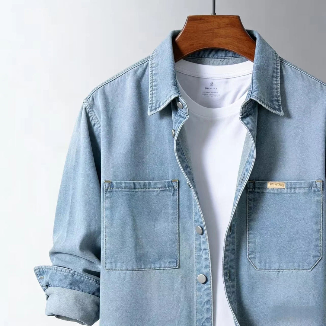 Stylish men's blue overshirt, a comfortable long sleeve layering shirt.