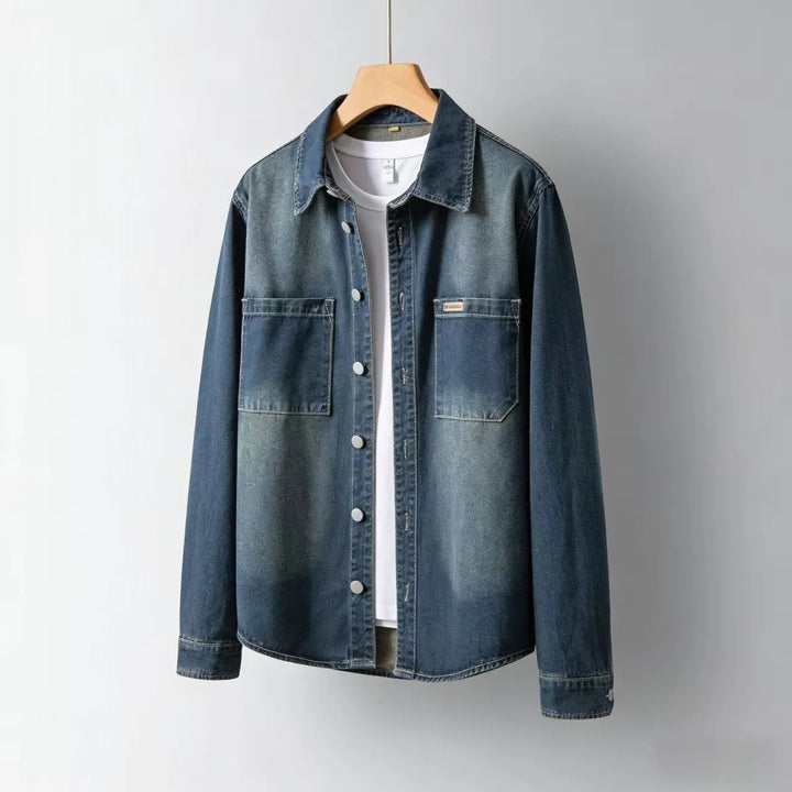 Modern men's blue overshirt, a versatile button-down for layering fashion.