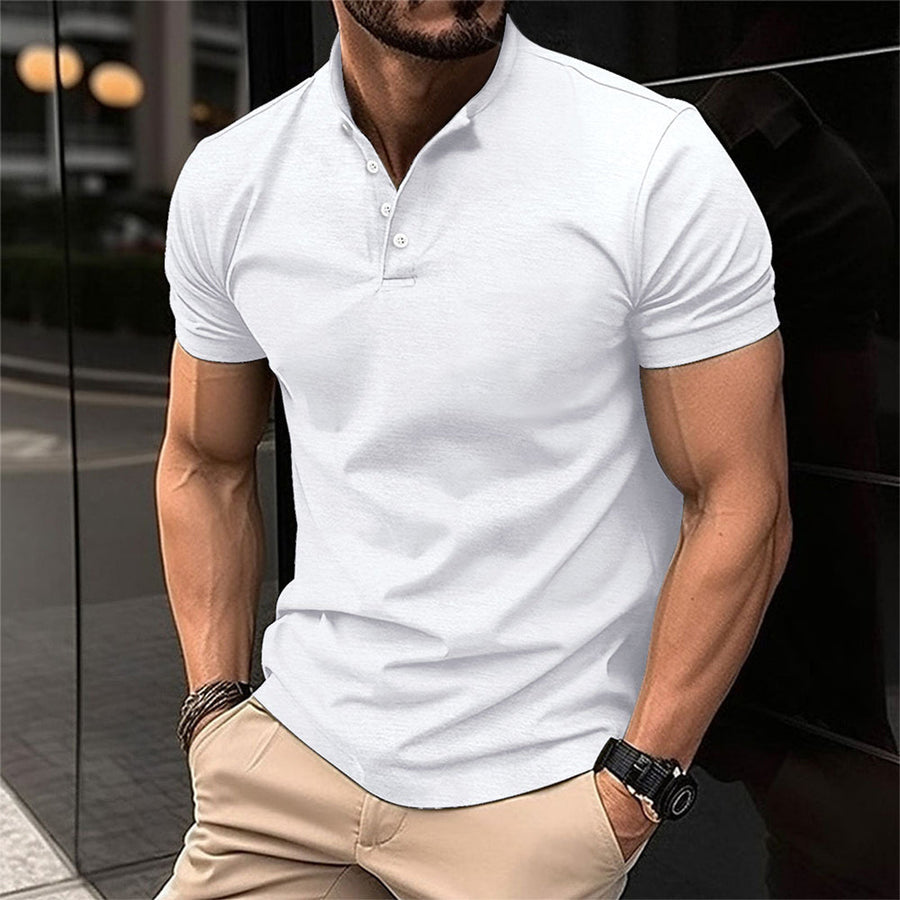 Fitted men's Henley polo shirt with short sleeves & band collar. Versatile casual wear for men.