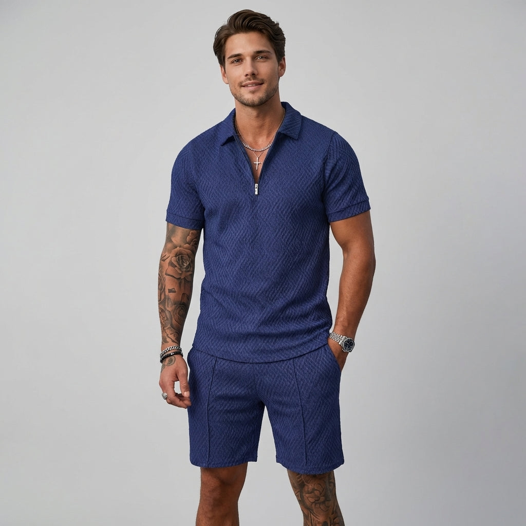 Men's stylish summer polo shirt & shorts matching set. Effortless comfort for casual wear or vacation outfits.
