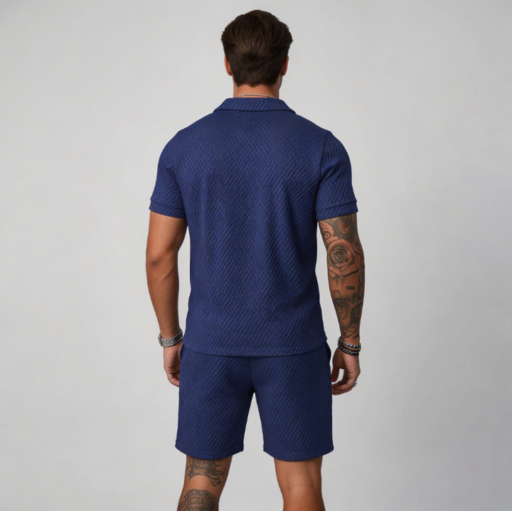 Breathable men's summer fashion polo shirt & shorts set. Ideal for warm weather, spring outfits & comfort style.