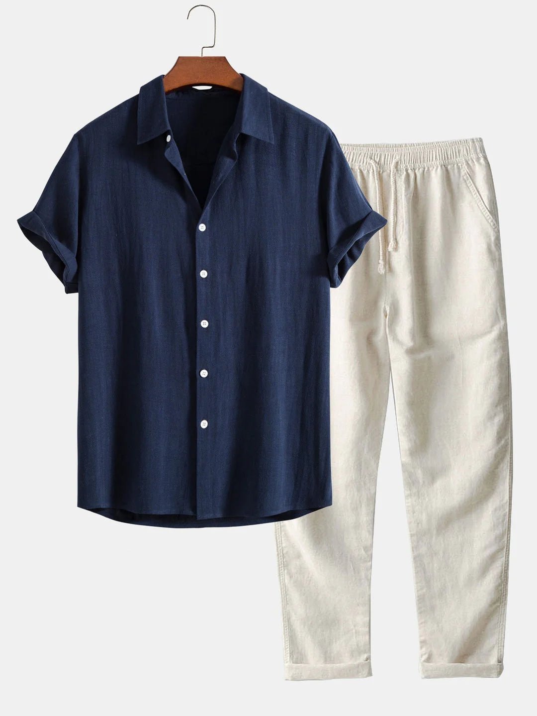 Men's summer casual shirt & pants set with rolled cuffs, stand collar. Perfect relaxed two-piece outfit.