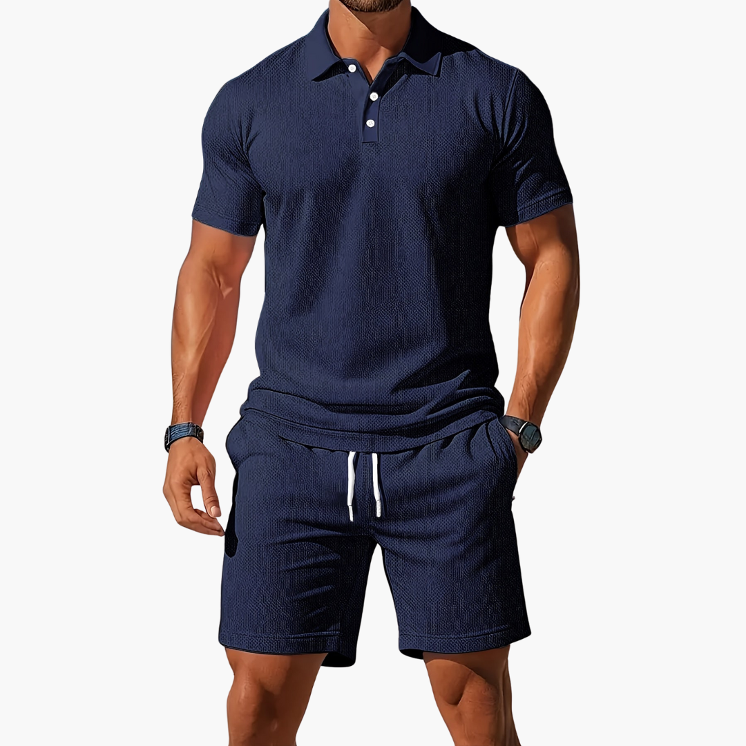 Stylish men's 2-piece matching set with polo shirt and relaxed drawstring shorts for summer leisure.