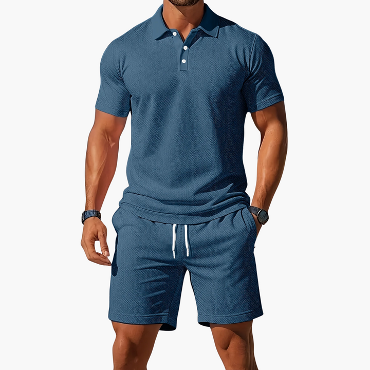 Men's casual summer outfit: breathable polo shirt and drawstring shorts for beach or everyday.