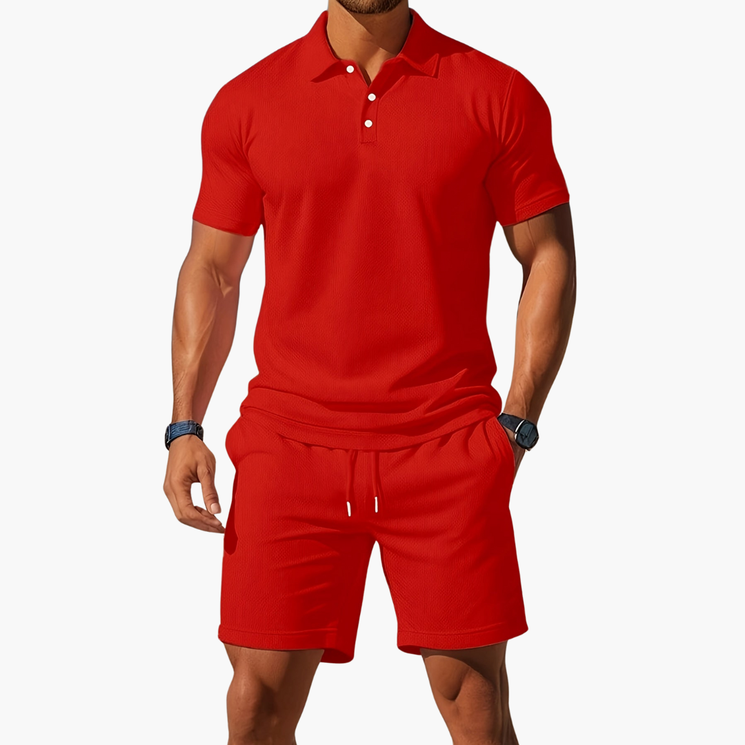 Men's fashion leisurewear set featuring a short-sleeve polo and soft drawstring shorts.