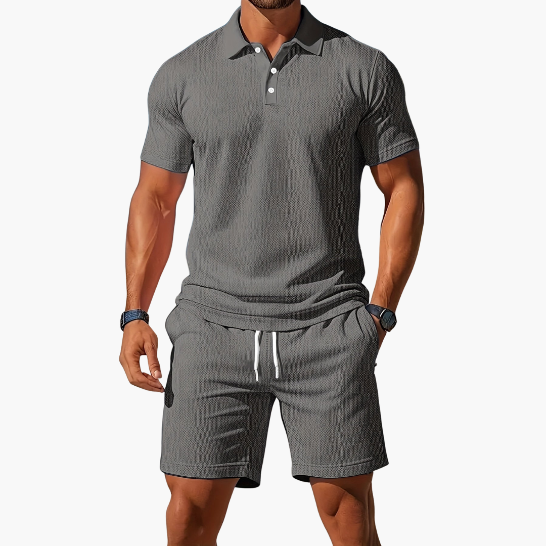 Modern men's summer set including a fitted polo shirt and comfortable drawstring shorts.