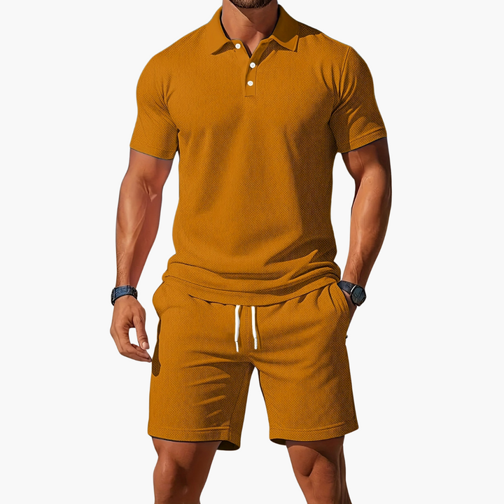 Men's comfortable matching polo shirt & drawstring shorts for everyday casual wear and relaxation.