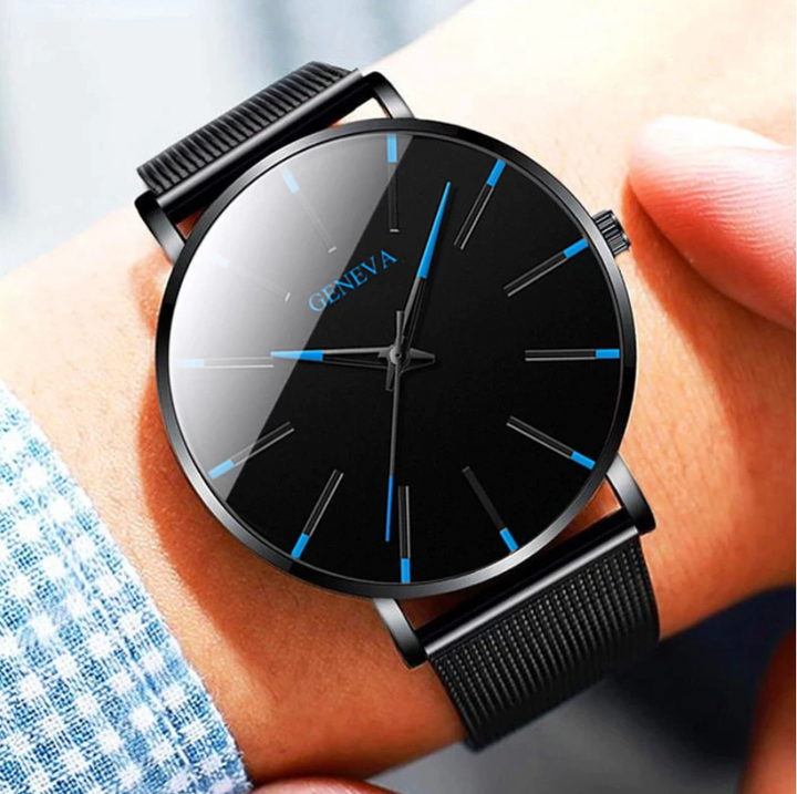 Eco-conscious men's minimalist analog watch with a sleek black vegan leather strap, perfect for versatile styling.