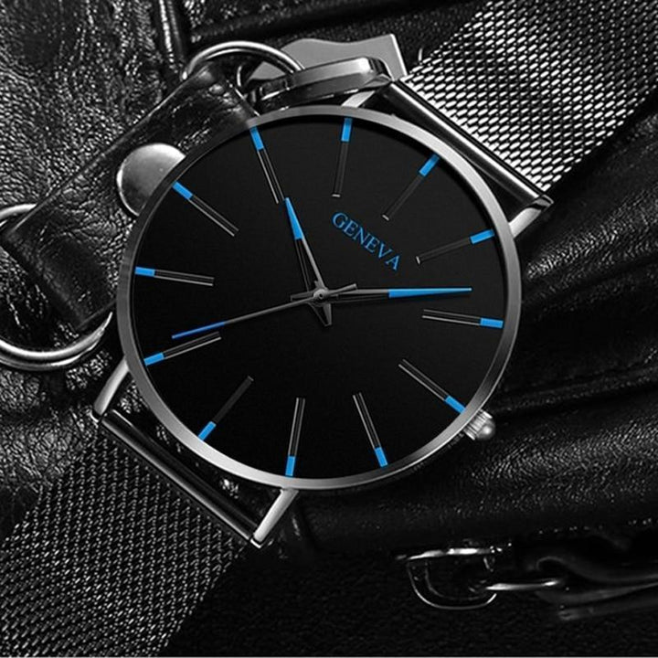 Modern men's minimalist quartz watch. Sustainable, eco-conscious, with a sleek black vegan leather band for everyday wear.