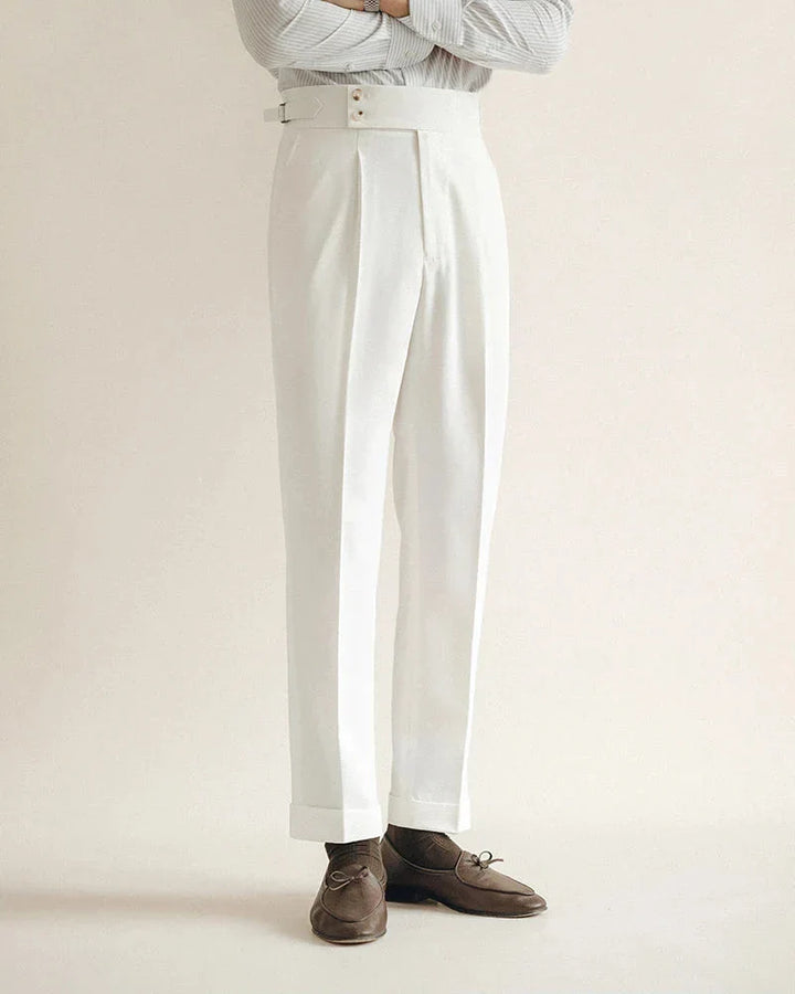 Elastic waistband detail on men's tailored black business trousers, ensuring a comfortable fit.