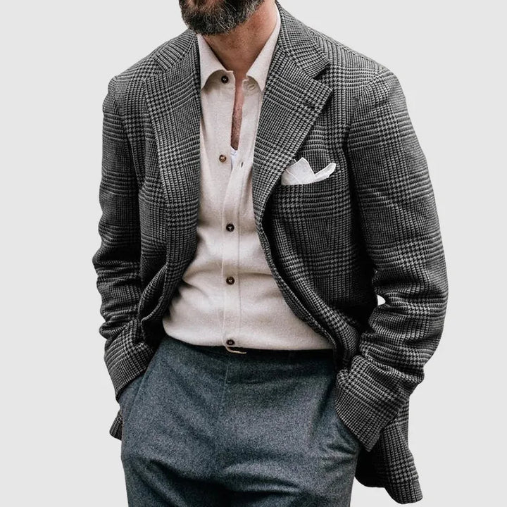 Stylish men's checkered jacket in purple, gray, or brown. Versatile for formal, business, or smart casual looks.