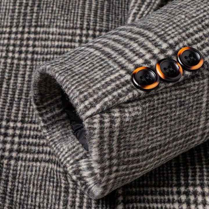 Men's tailored khaki plaid wool blend overcoat, ideal for classic winter fashion and warmth