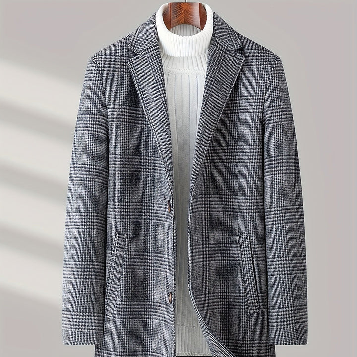 Elegant gray plaid wool blend overcoat for men, combining classic style with winter comfort