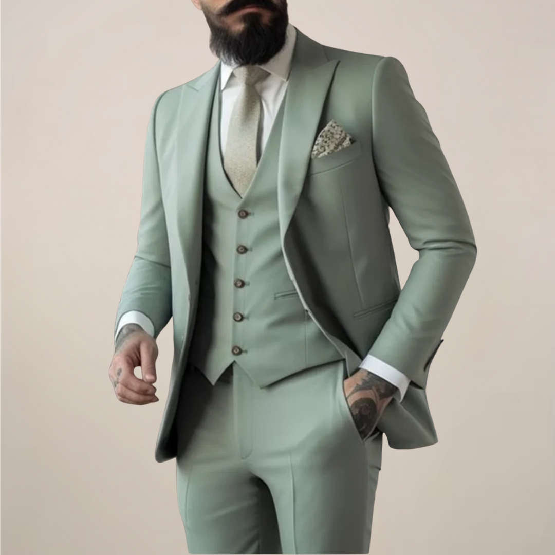 Men's tailored sage green three-piece suit set, perfect for spring weddings or formal business casual events