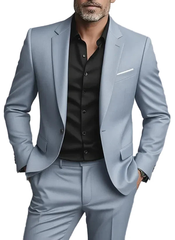 Elegant men's formal two-piece suit, tailored slim fit design. Essential for weddings, business attire & professional events.