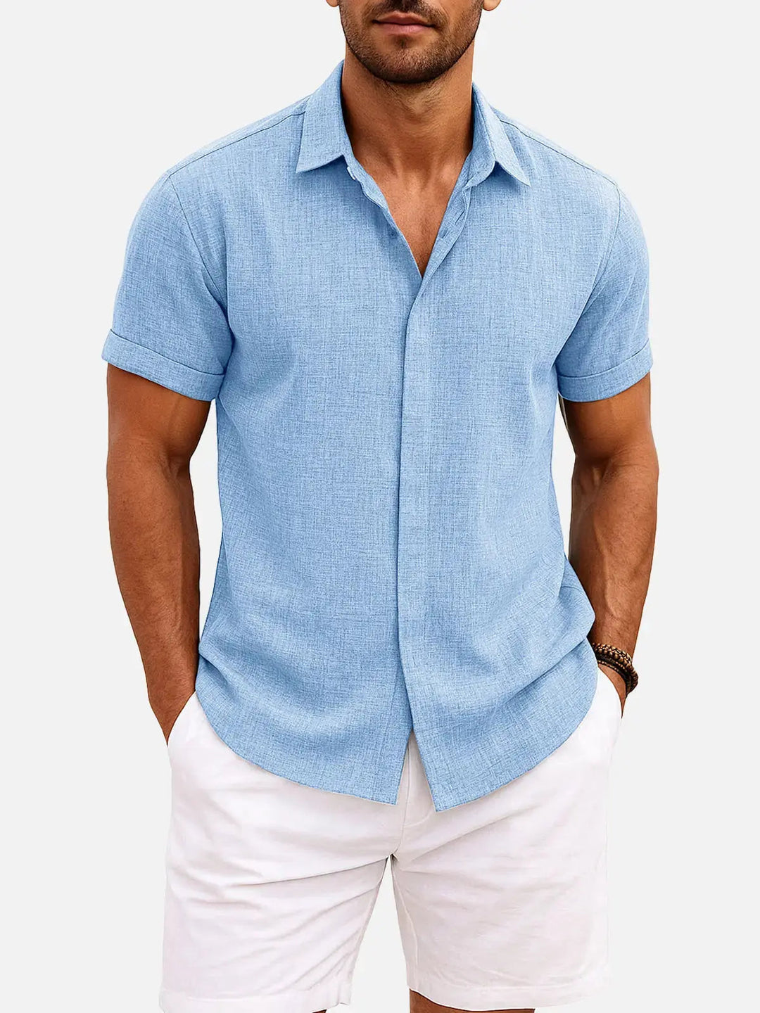 Men's textured casual short sleeve button down shirt for stylish summer everyday wear.
