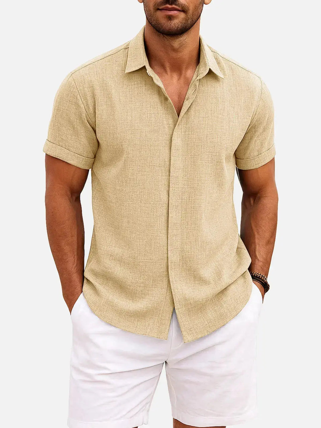 Men's summer shirt: stylish textured short sleeve button down, collared.