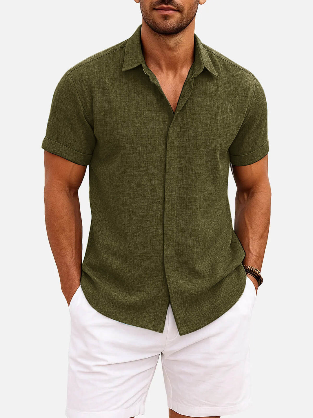 Stylish men's button down shirt with texture, short sleeve, for warm weather.