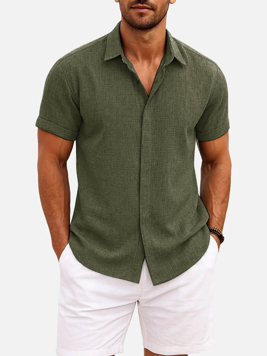 Men's casual textured short sleeve top, button down, ideal for summer outfits.