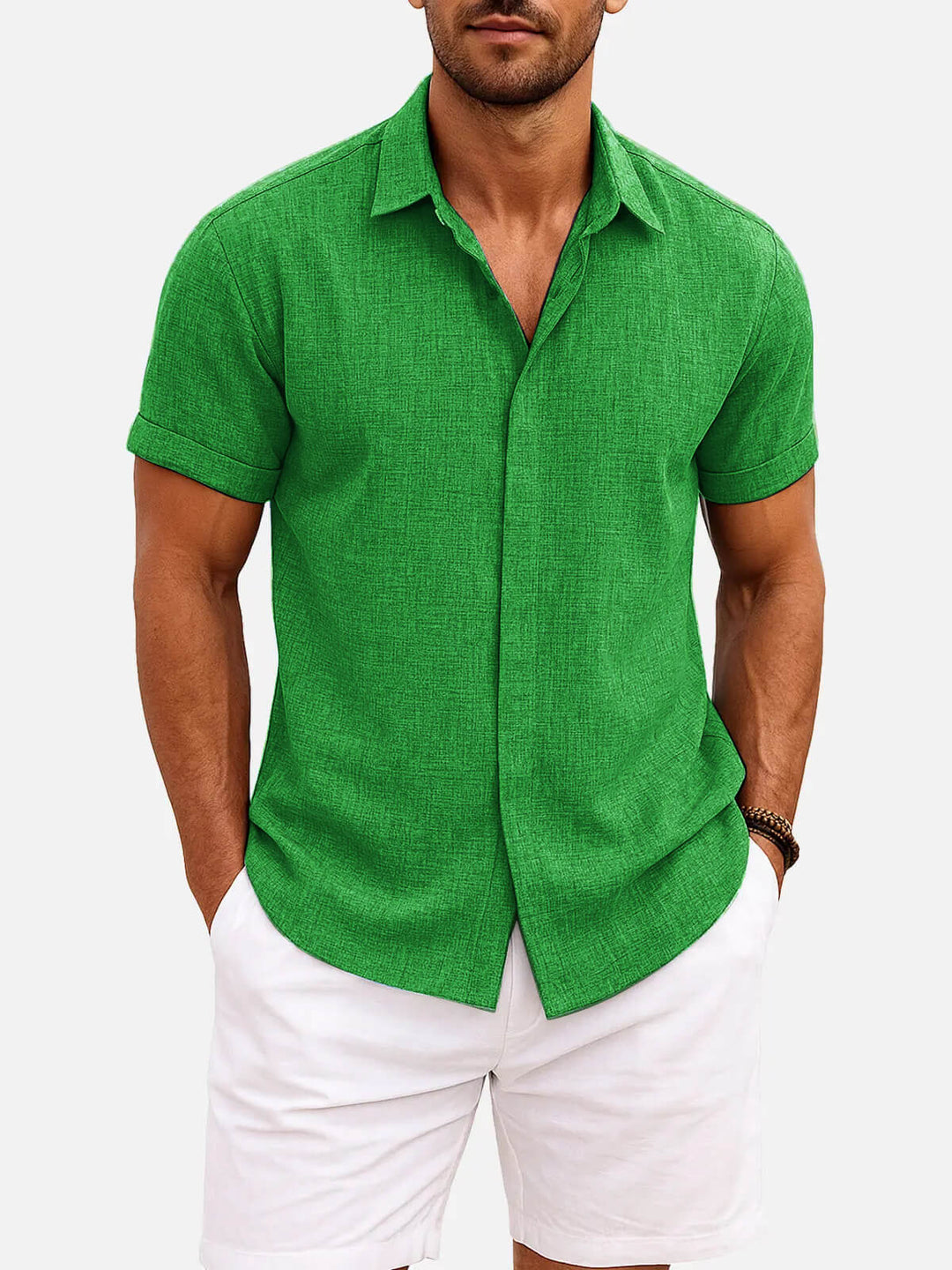 Comfortable men's textured collared shirt, short sleeve, everyday summer fashion.